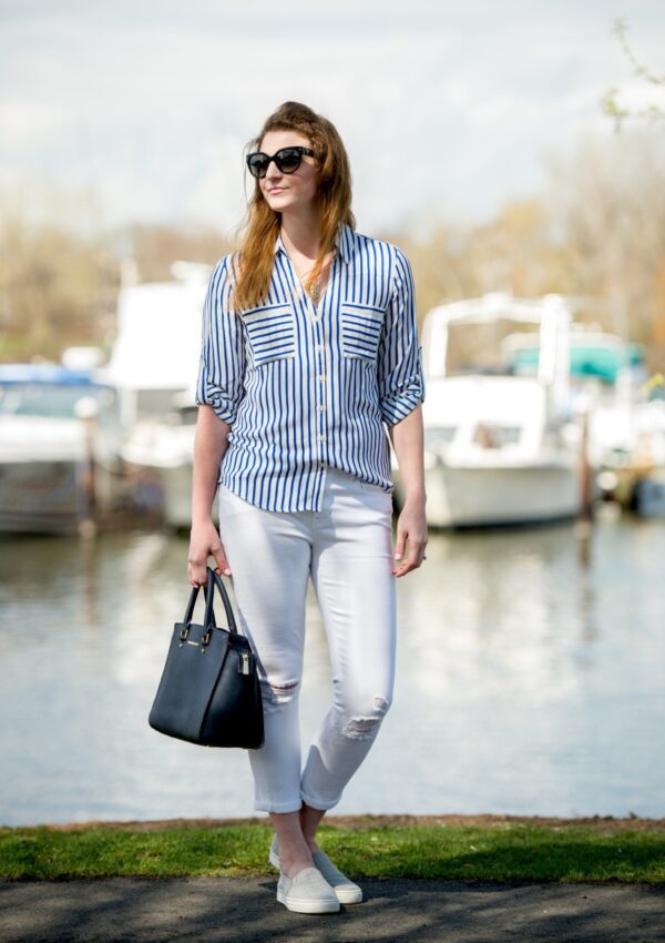 blue and white stripes, white pants About popular Boston lifestyle and mom blogger, Feathers & Stripes