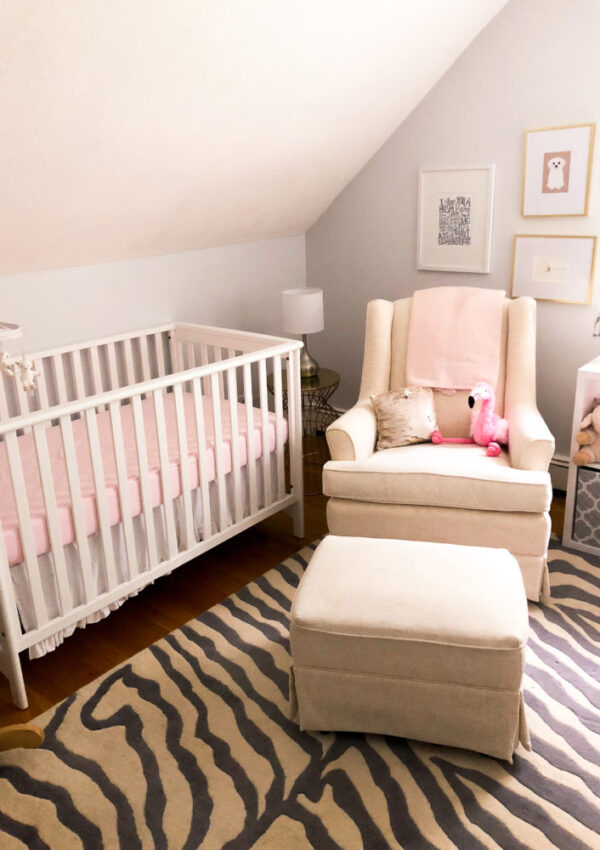 baby girl nursery, small space nursery, pink and white nursery