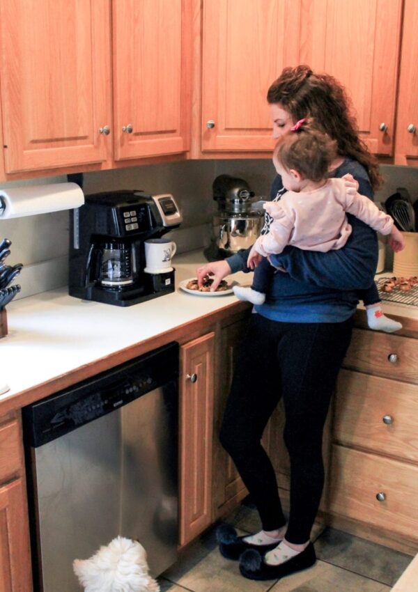 mom and baby, coffee maker