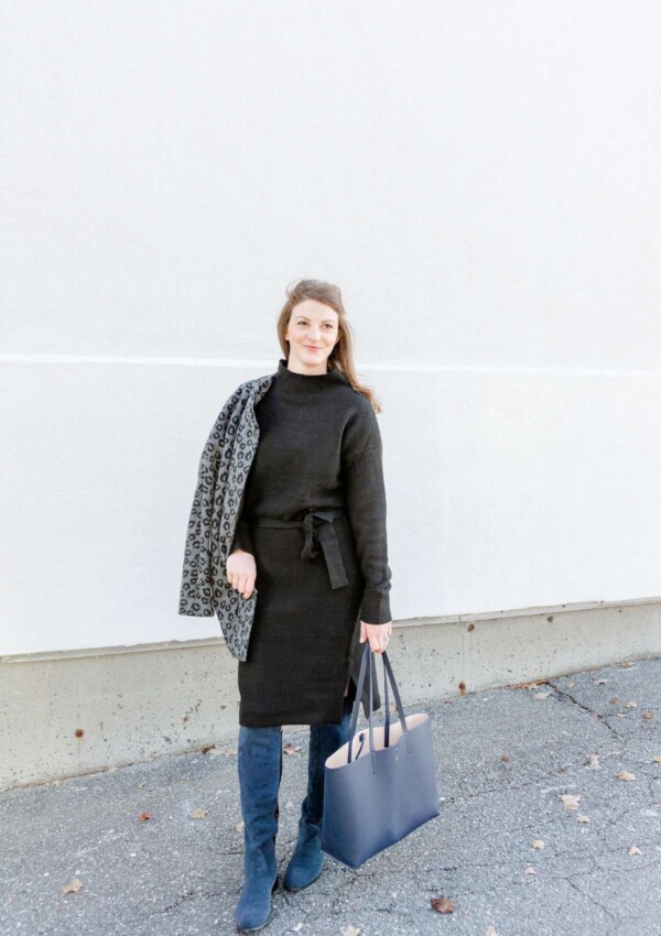 How to wear a black sweater dress with OTK boots - comfy and classic for a holiday get-together