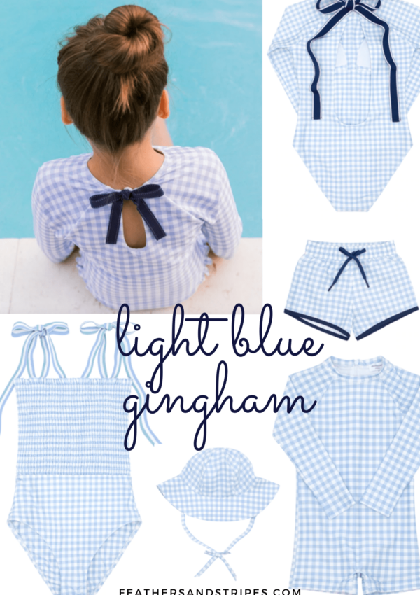 light blue gingham swimsuits for the family