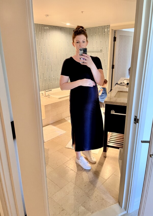 navy blue dress and white sneakers