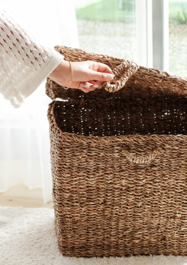 chic woven baskets used for living room toy storage