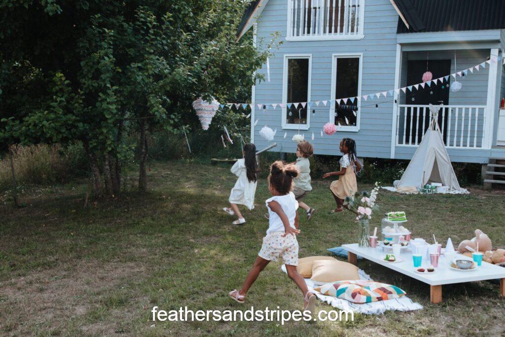 10 year old birthday party, outdoor party with decorations, outdoor tea party, kids running