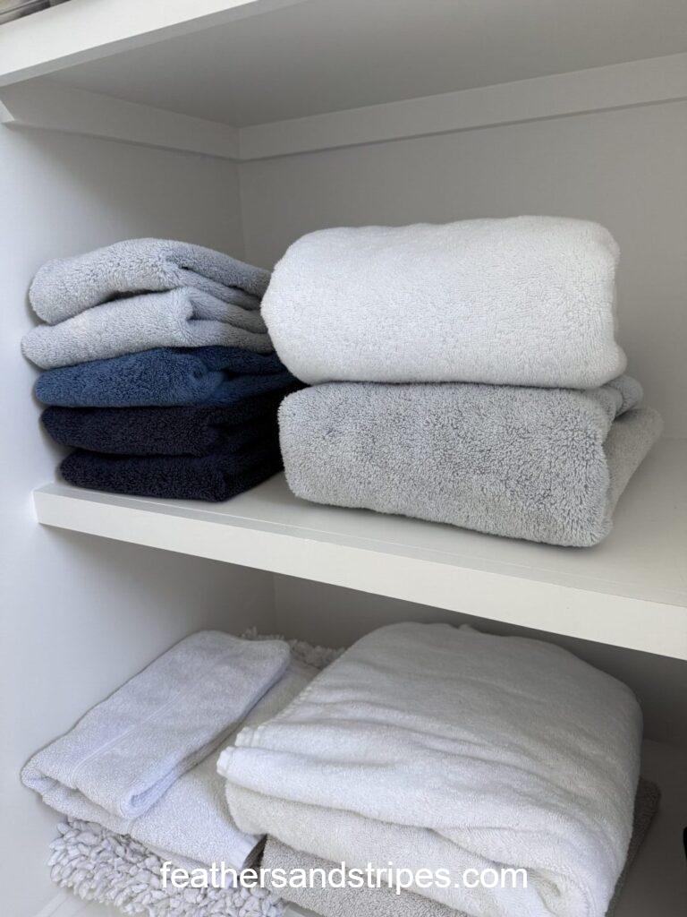 Frontgate towels, Quince towels, luxury towels on shelf